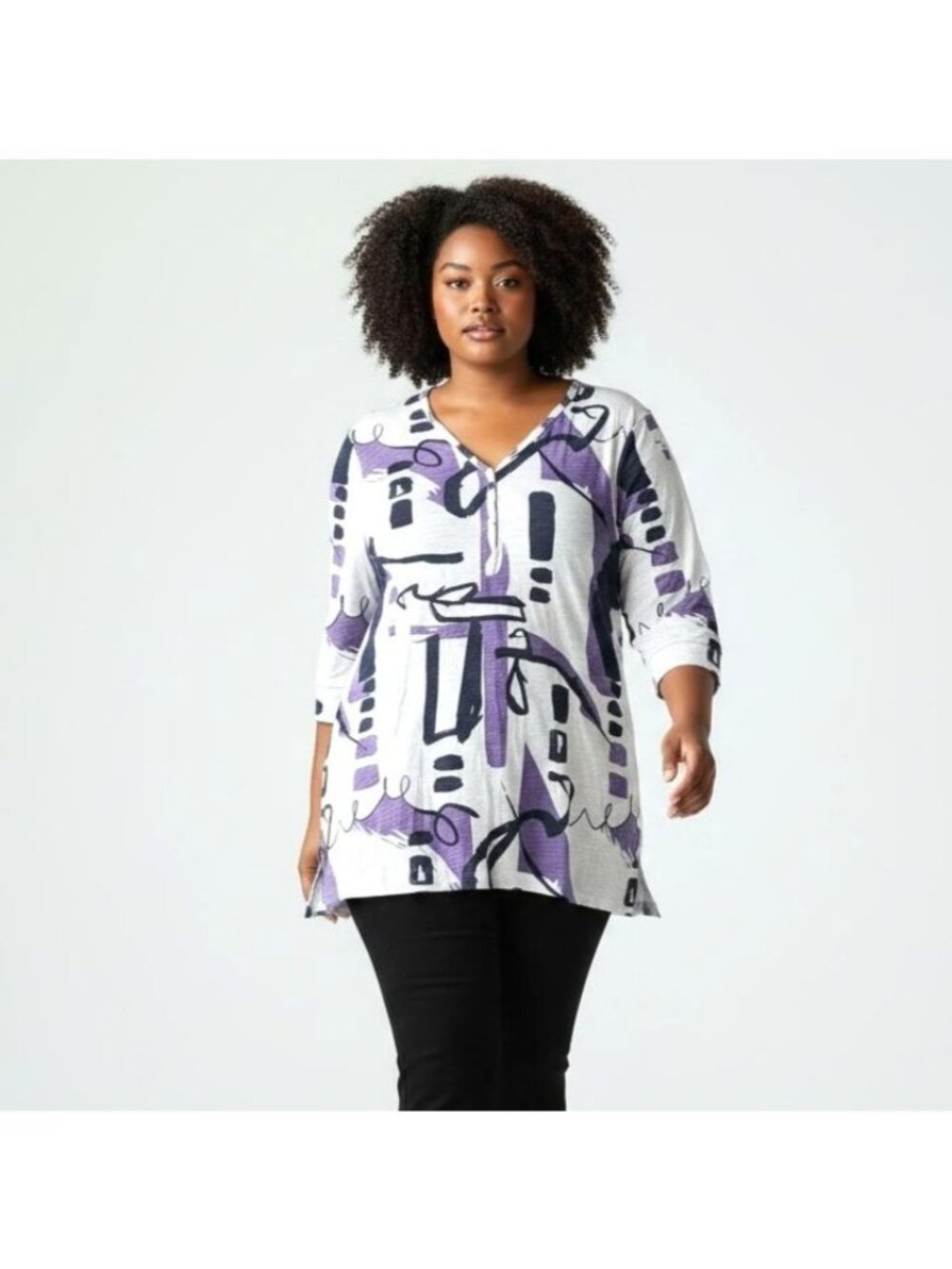 Chicos Abstract Purple & Black 3/4 Sleeve Womens Top XXL Cotton Blend